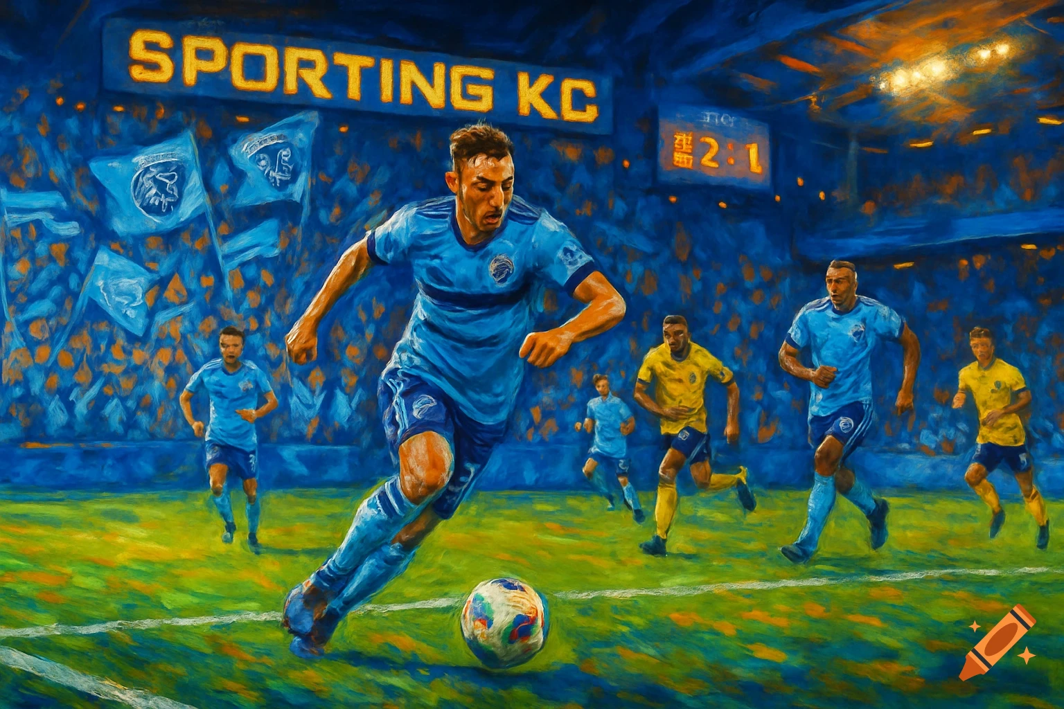 Painterly depiction of a soccer match in a stadium, with players on the field and 'SPORTING KC' on a sign.