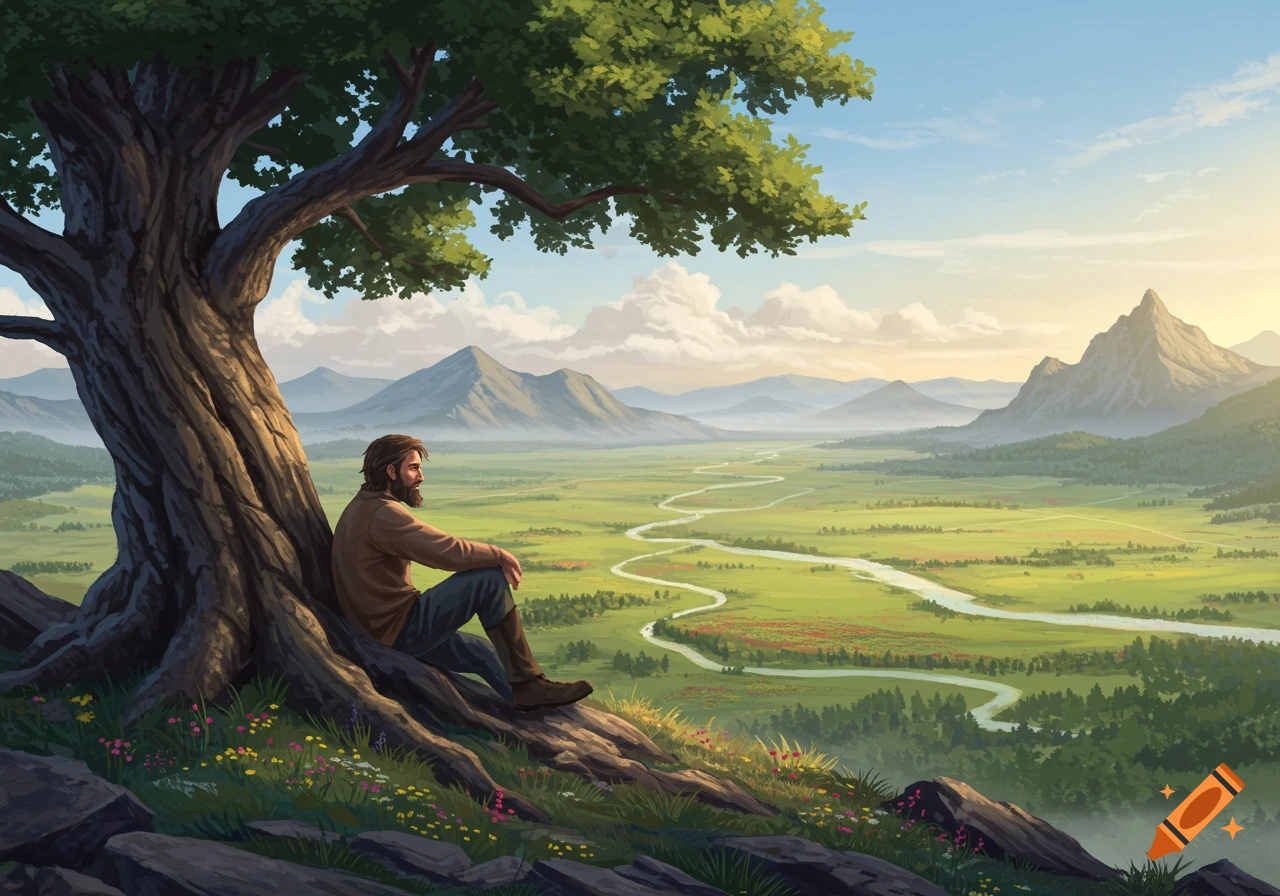 A man with a beard sits under a large tree on a hill, gazing over a vast green valley with a winding river and distant mountains at sunset.
