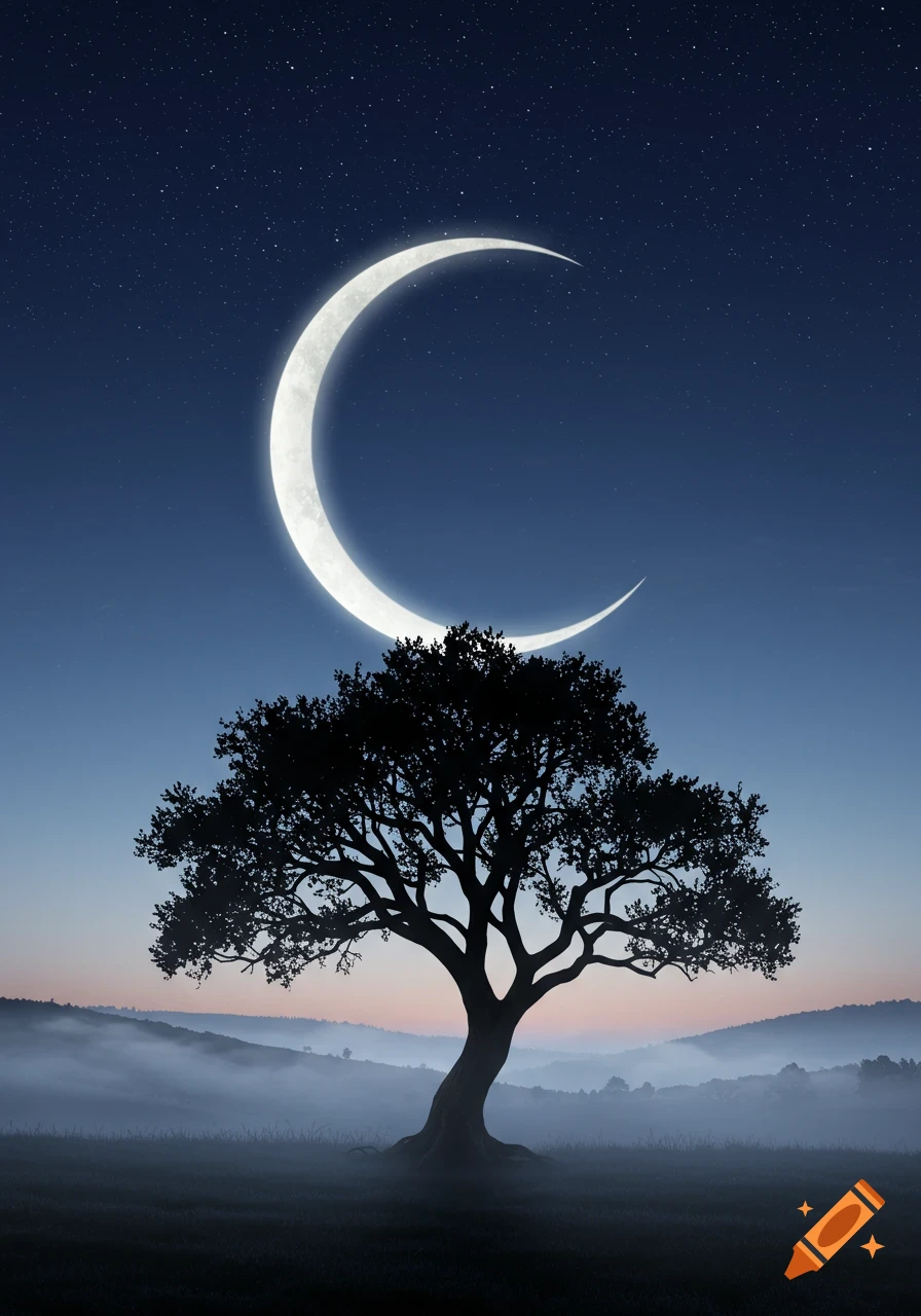A silhouette of a large tree stands under a bright crescent moon in a starry night sky over a misty landscape.