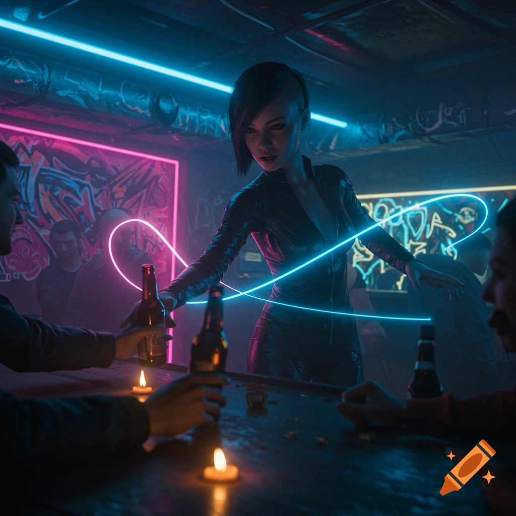 A woman with glowing blue lines around her in a neon-lit cyberpunk bar, interacting with men at a table.