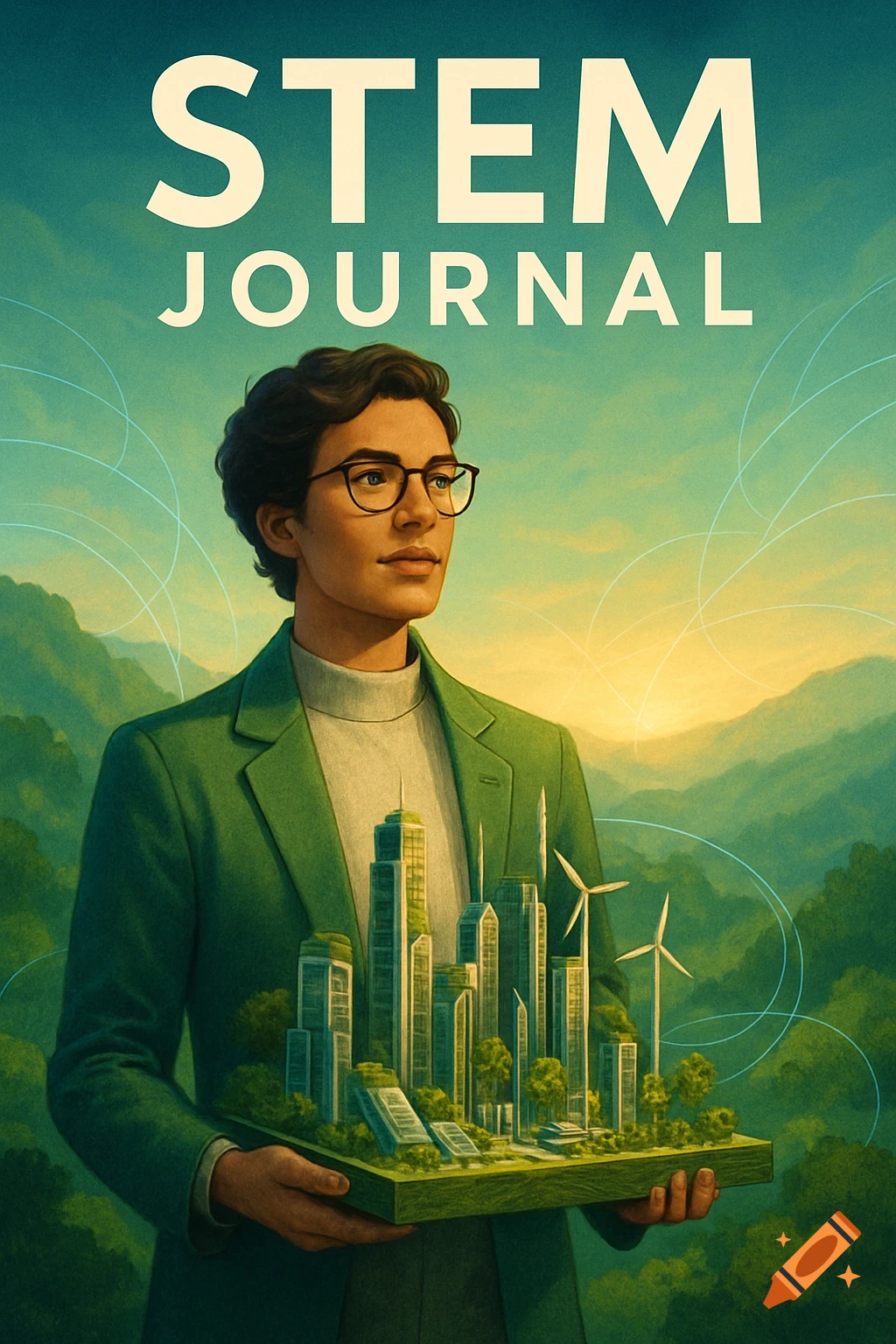 A person in a green jacket holding a miniature city and windmills, with 'STEM JOURNAL' title, against a green mountain landscape.