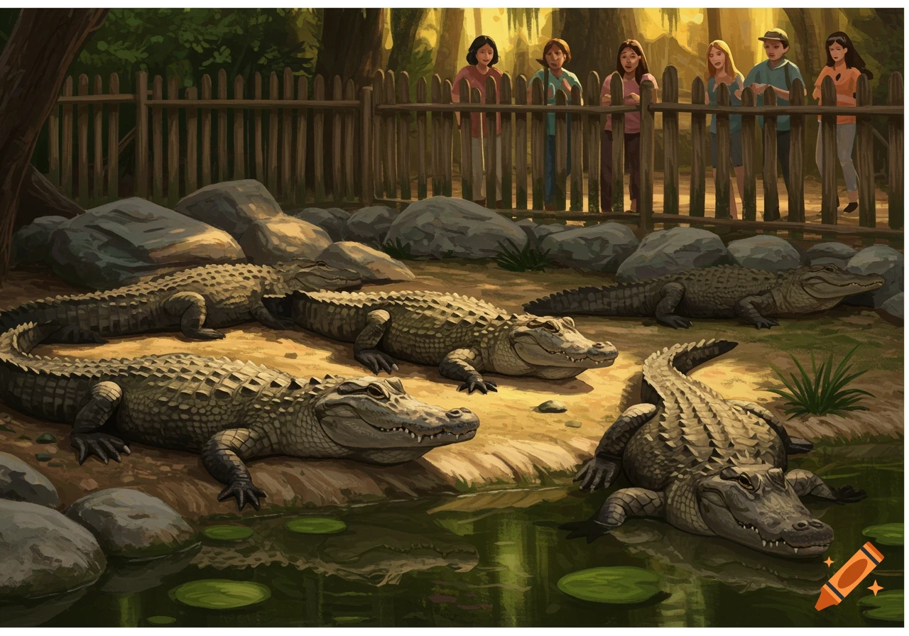 Several alligators lounge by a swampy pool while people watch from behind a wooden fence at a zoo.