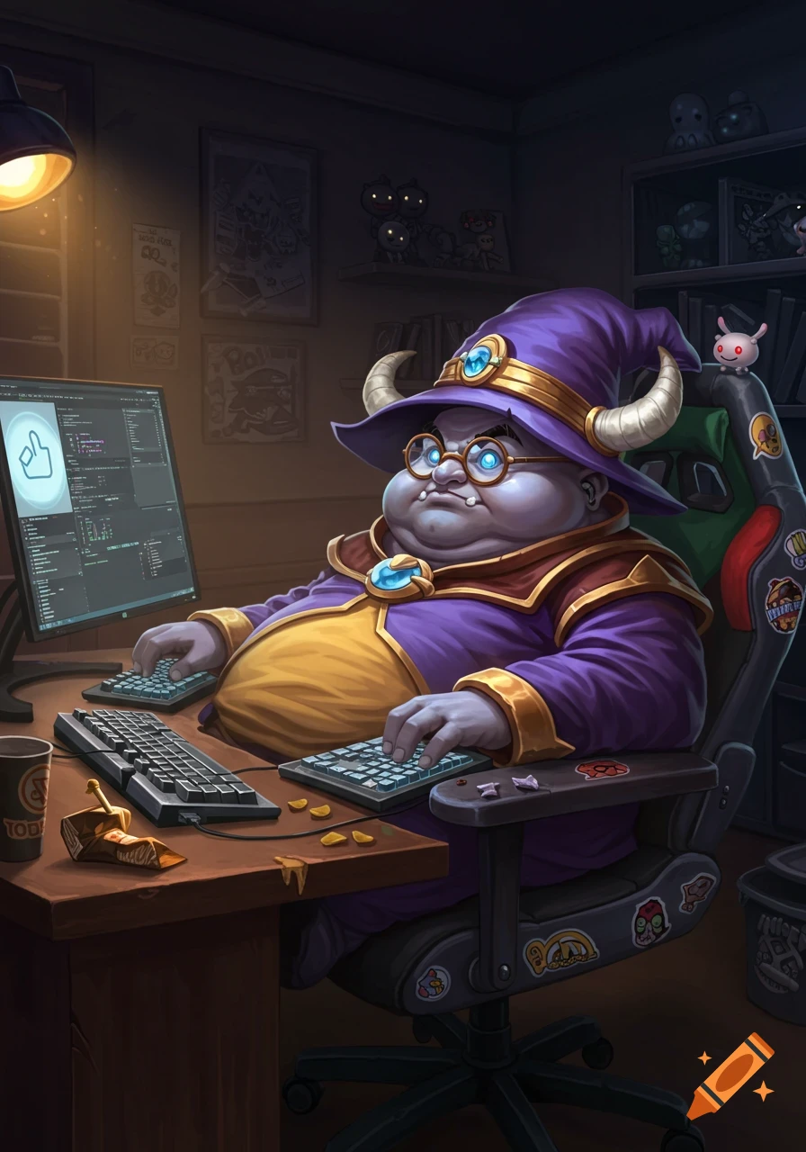 An obese wizard-like character with a purple hat and robes sits in a gaming chair at a computer desk, typing on multiple keyboards. He has glowing blue eyes and round glasses.