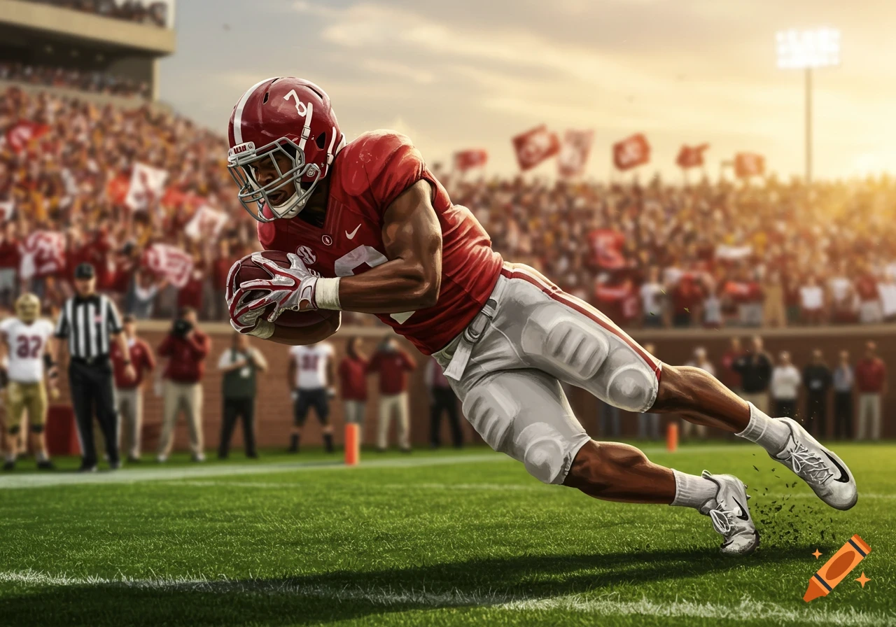 A football player in a red jersey dives with the ball across a grassy field in a sunny stadium with a blurred crowd.