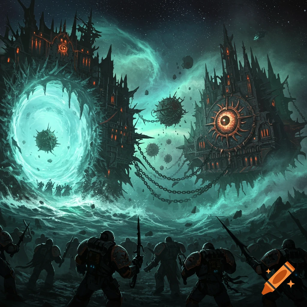 Heavily armored warriors face a swirling blue portal and a massive, dark, eye-shaped fortress floating in a stormy, star-filled void.