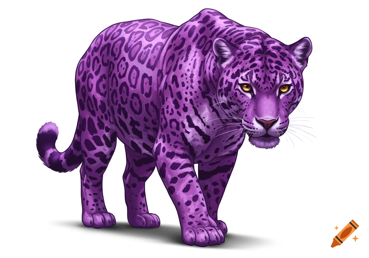 A vibrant purple jaguar with dark purple spots and yellow eyes walks forward, isolated on a white background.