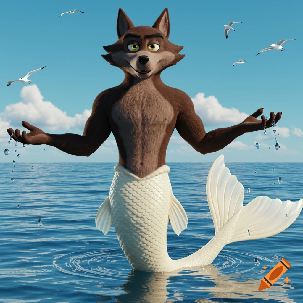 3D render of Mr. Wolf from The Bad Guys as a brown-furred mermaid with a cream tail, emerging from ocean water.