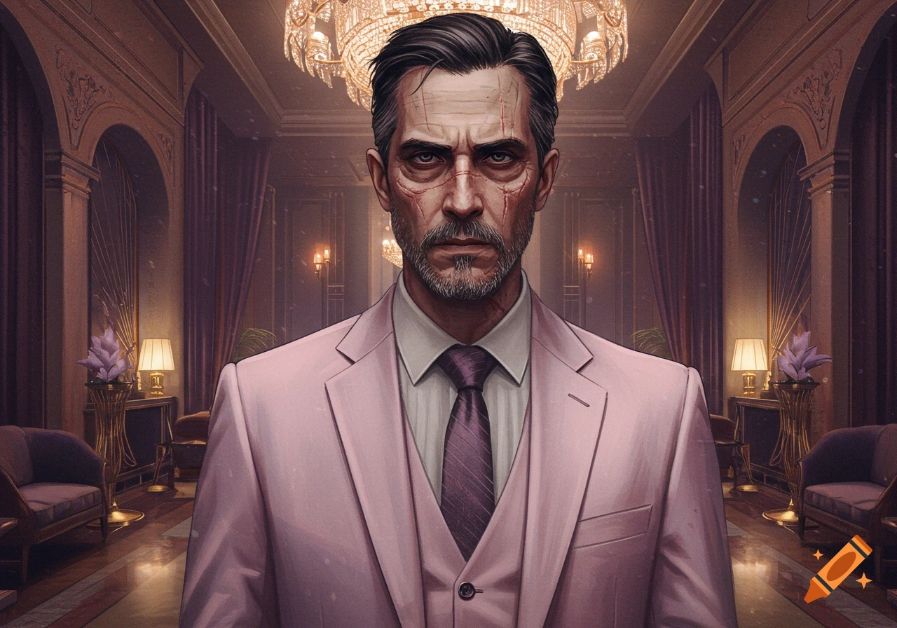Stylized portrait of a stern man with facial scars wearing a pink suit in a luxurious, ornate room.