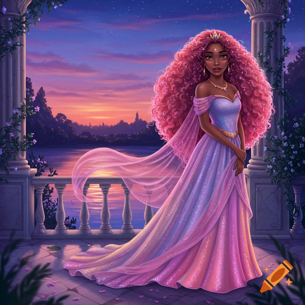 A digital illustration of a dark-skinned princess with long pink curly hair, wearing a sparkly purple and pink dress, on a balcony overlooking a lake at sunset.