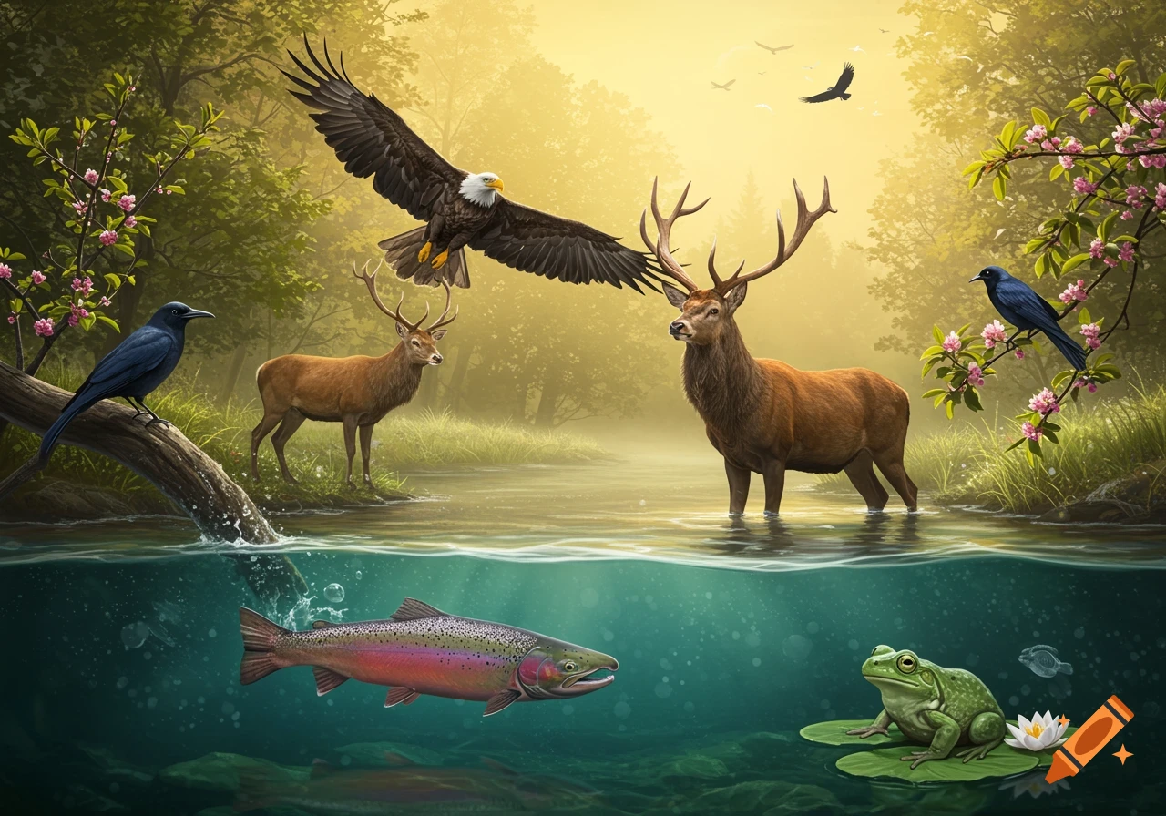 An eagle flies over a river with two stags, a blackbird on a branch, a salmon underwater, and a frog on a lily pad, in a sunlit forest.