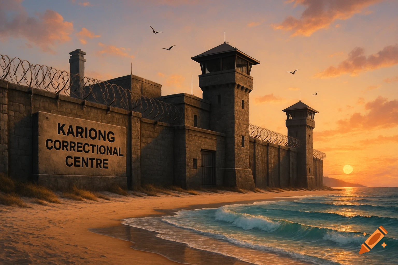 A photorealistic image of a stone prison with watchtowers and barbed wire on a sandy beach next to the ocean at sunset. A sign reads 'Kariong Correctional Centre'.