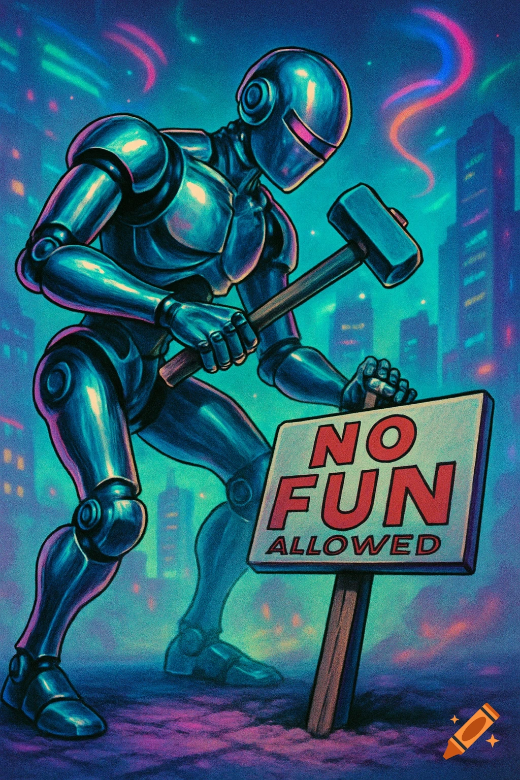 A metallic robot hammers a 'NO FUN ALLOWED' sign into the ground in a vibrant, neon-lit city.