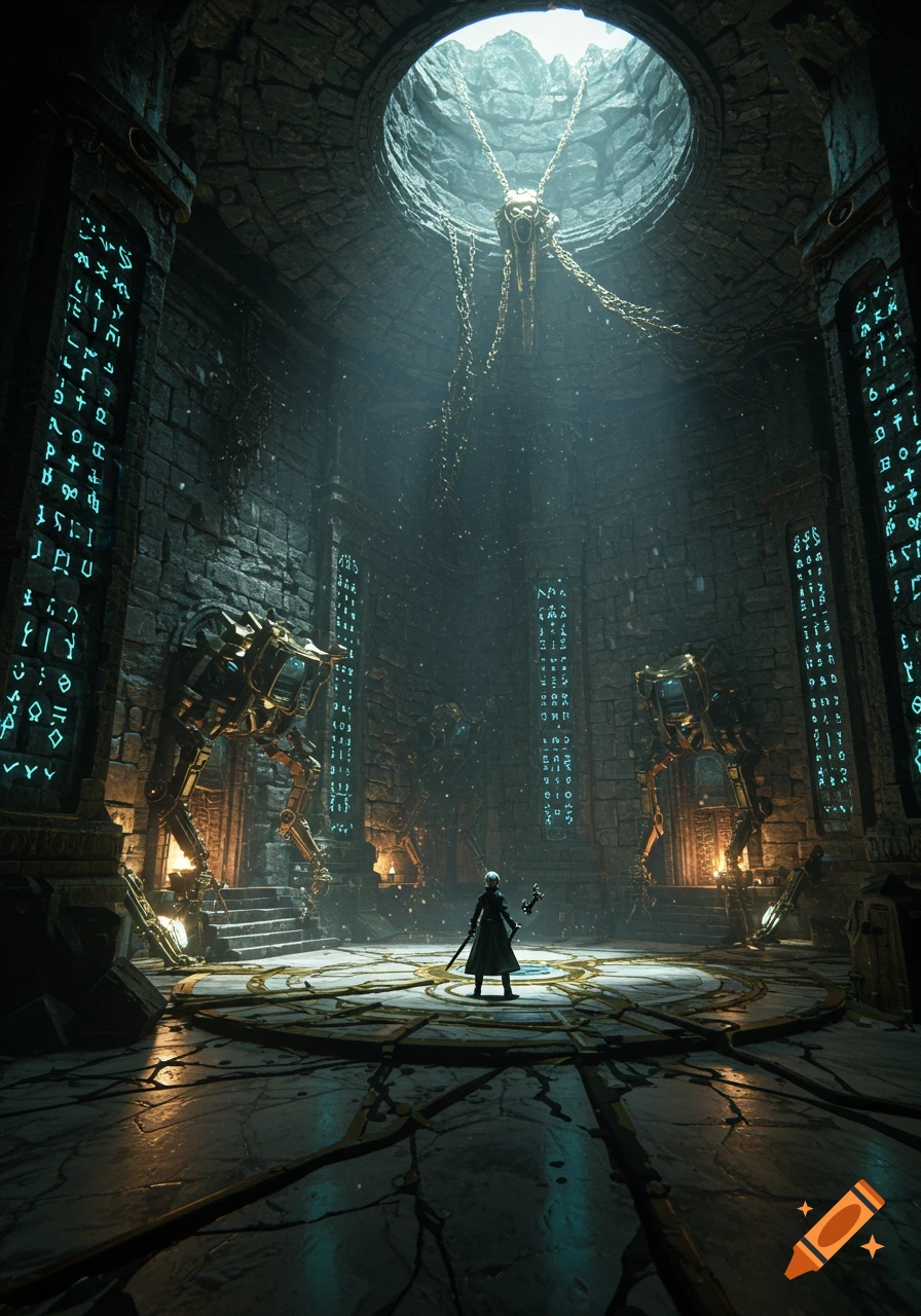 A cloaked figure stands in a vast, dark fantasy dungeon with glowing runes, large robotic figures, and light from an overhead opening.