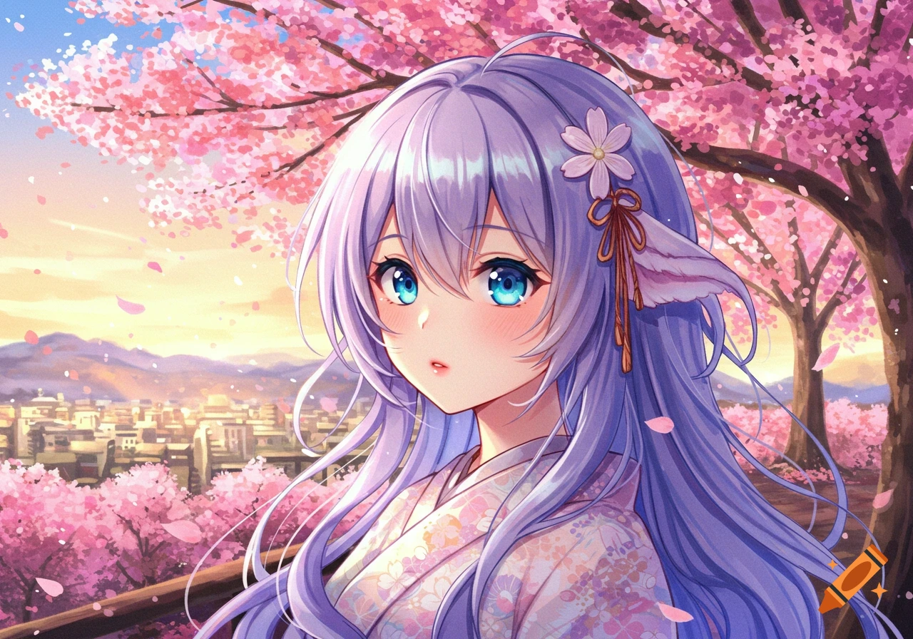 Anime girl with purple hair and blue eyes, wearing a kimono amidst pink cherry blossoms, with a city and mountains at sunset.