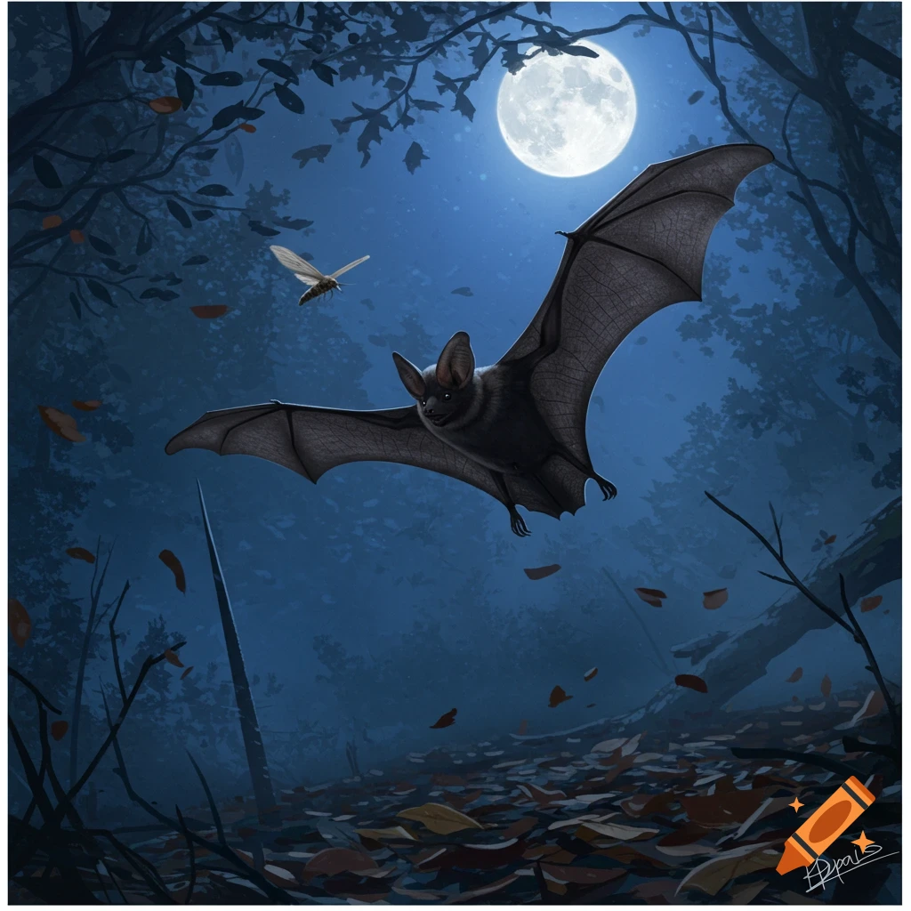 A bat flies under a full moon at night in a dark forest, with a moth nearby and fallen leaves on the ground.