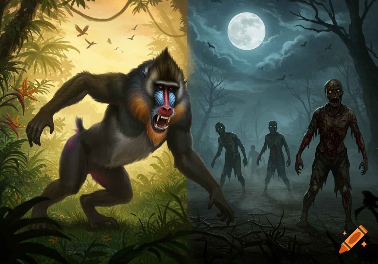 An illustrated split screen image showing an angry mandrill in a sunny jungle and zombies in a moonlit forest.