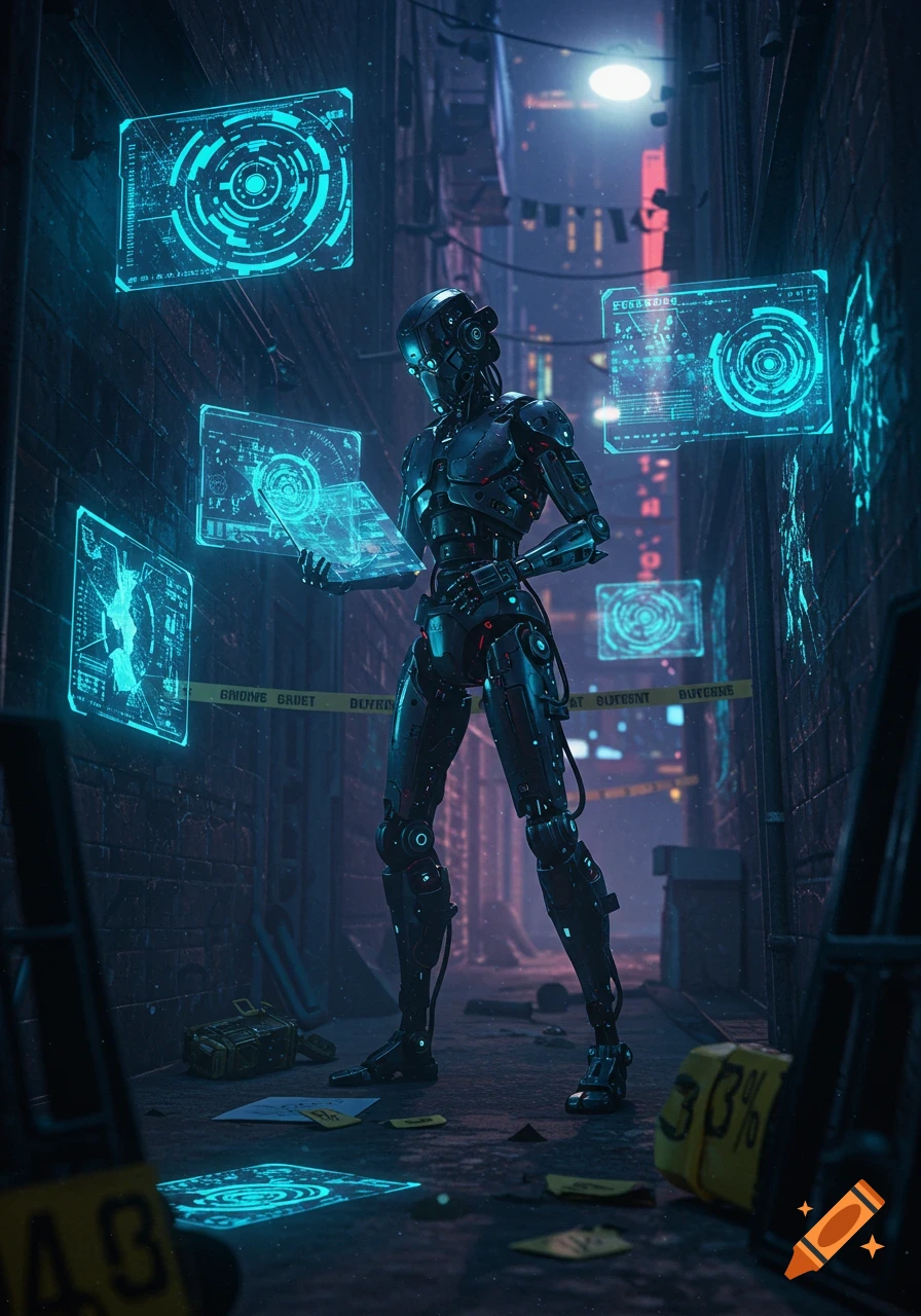A black AI robot stands in a dark cyberpunk alley, surrounded by glowing blue holographic screens and crime scene tape, examining data.
