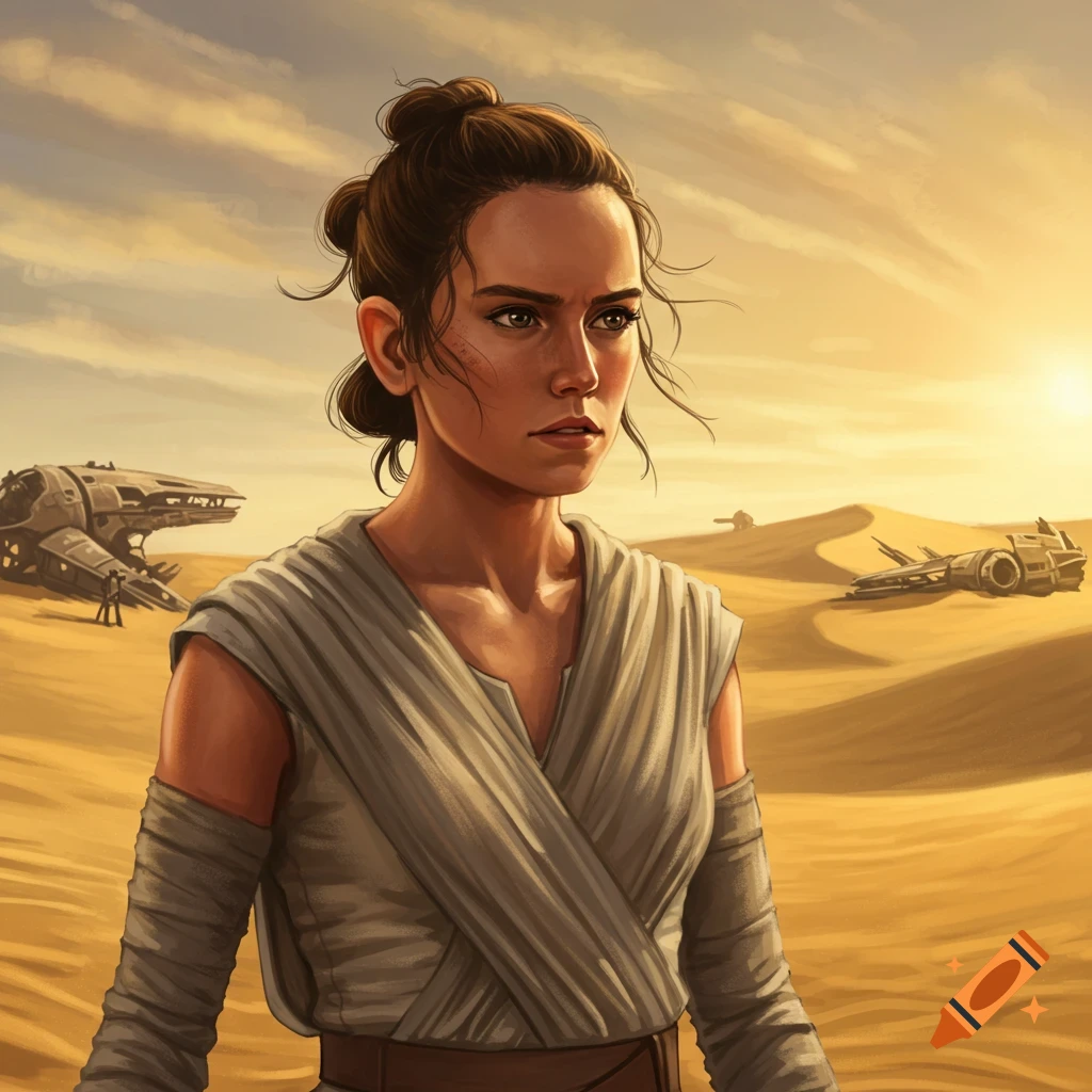 Illustration of Rey from Star Wars in a desert landscape at sunset, with wreckage behind her.