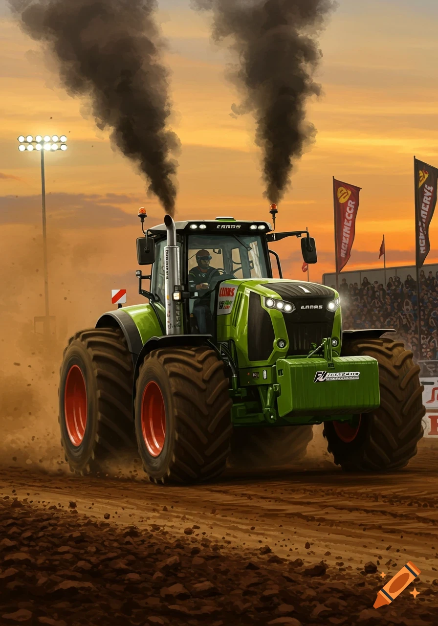 A powerful green Claas tractor with large tires pulls through dirt, emitting black smoke from its exhaust pipes at sunset during a tractor pulling event. Stadium lights illuminate the background.