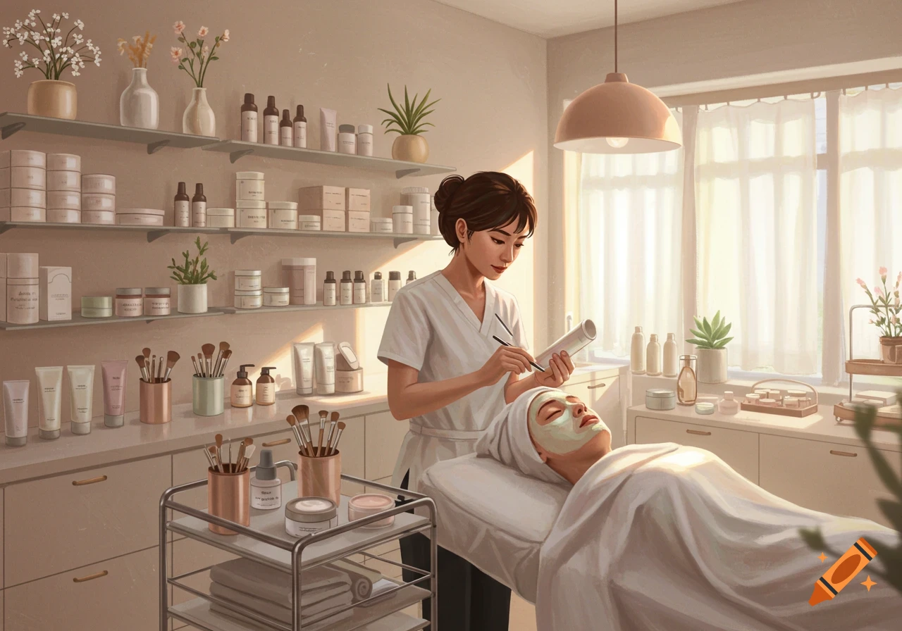 An aesthetician applies a facial mask to a client in a bright, clean spa room with shelves of beauty products.