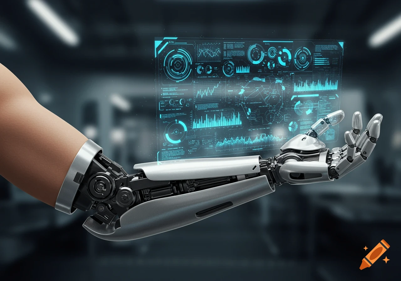 A human arm connected to a detailed bionic arm, displaying a blue holographic interface with data and graphs.