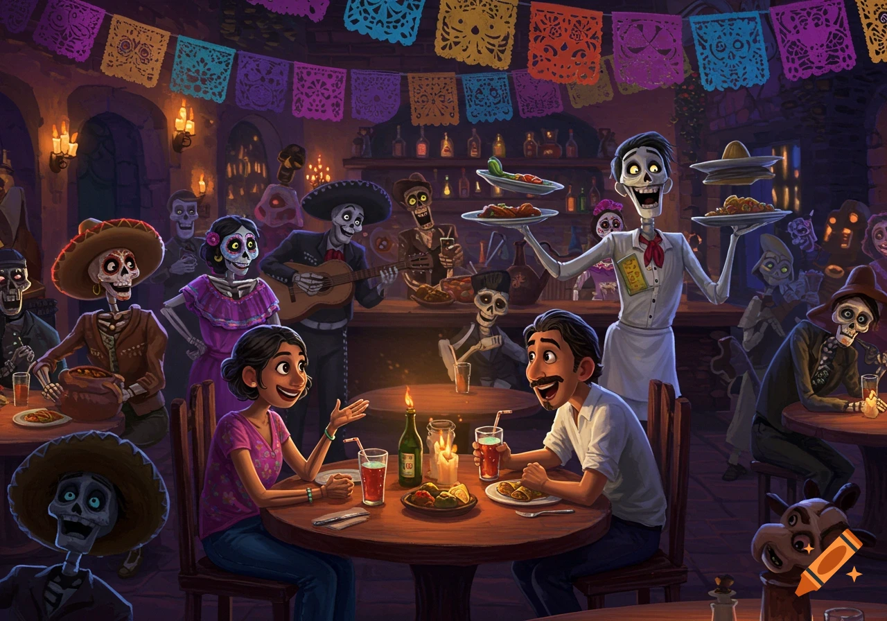 Animated scene of a lively cantina in the Land of the Dead with skeletons eating, playing music, and a human couple dining.