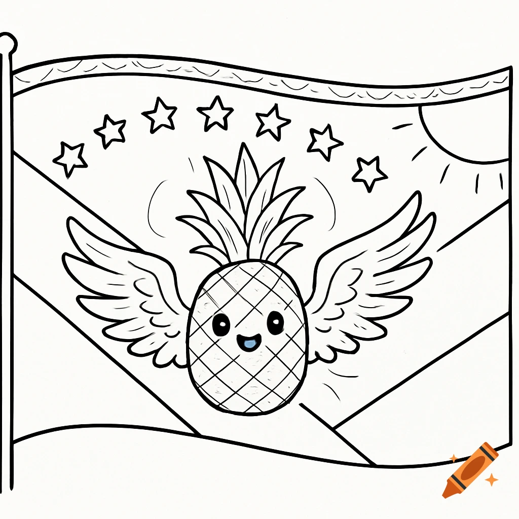 A black and white line drawing of a flag featuring a cute, smiling pineapple with wings in the center, surrounded by stars, with a sun in the top right corner.