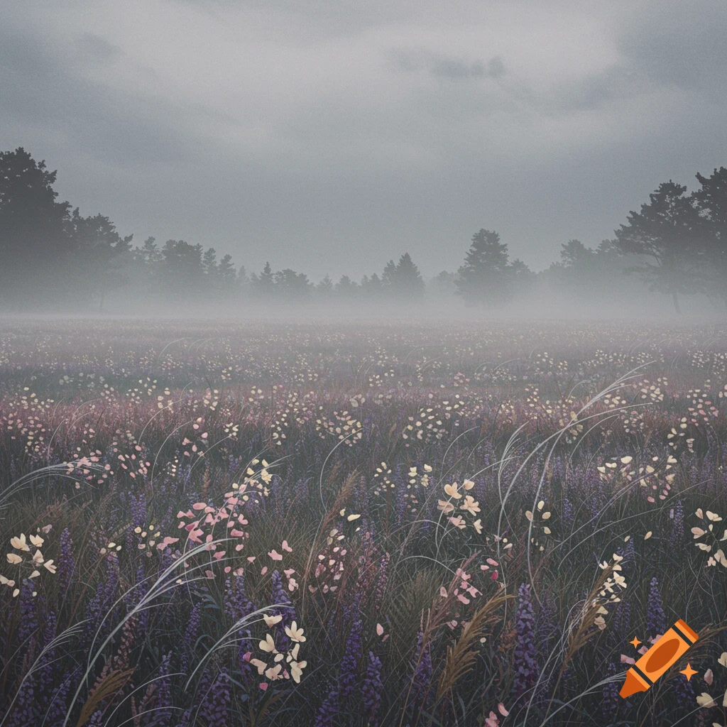 A misty field of light and purple wildflowers with tall grasses in the foreground, under a cloudy grey sky with a distant treeline. Photorealistic.