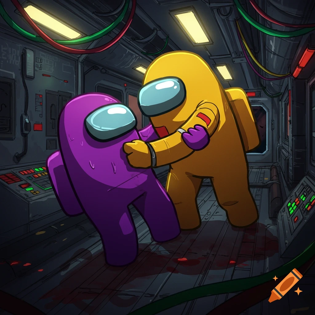 A yellow Among Us character choking a purple Among Us character in a dark spaceship corridor with blood splatters on the floor.