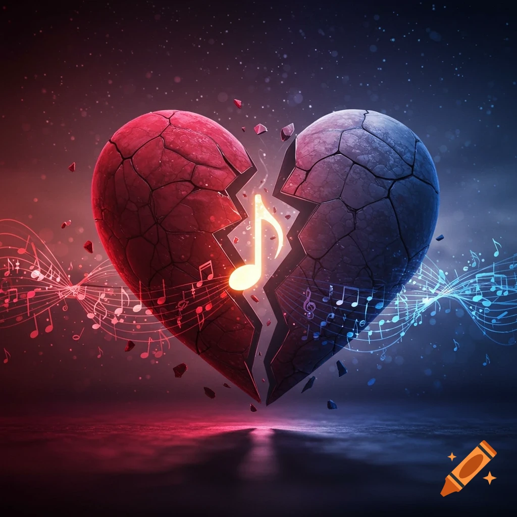 A cracked heart, glowing red and blue, split by a bright music note, with musical notes swirling around it.