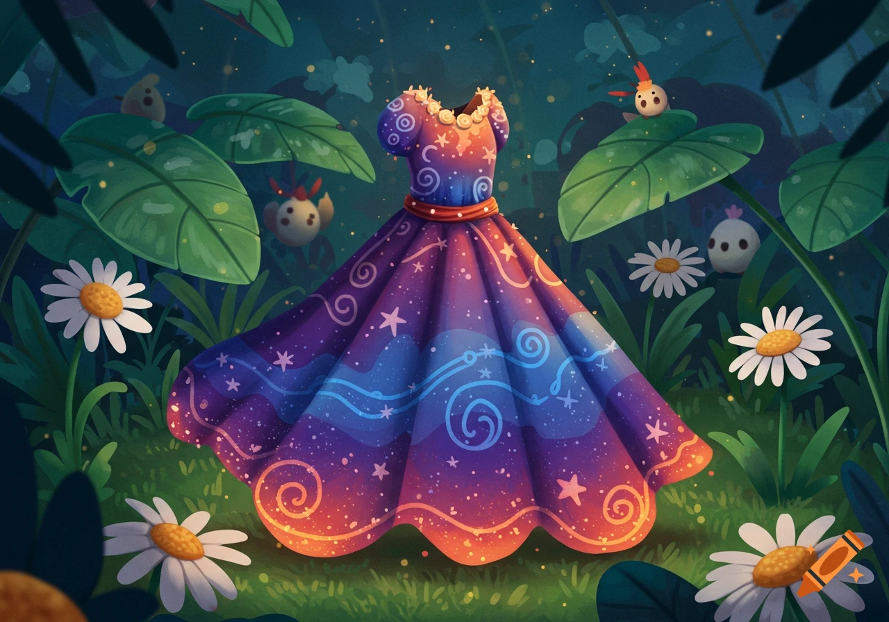A whimsical, colorful dress with stars and swirls, glowing in a magical forest surrounded by flowers and small, round creatures.