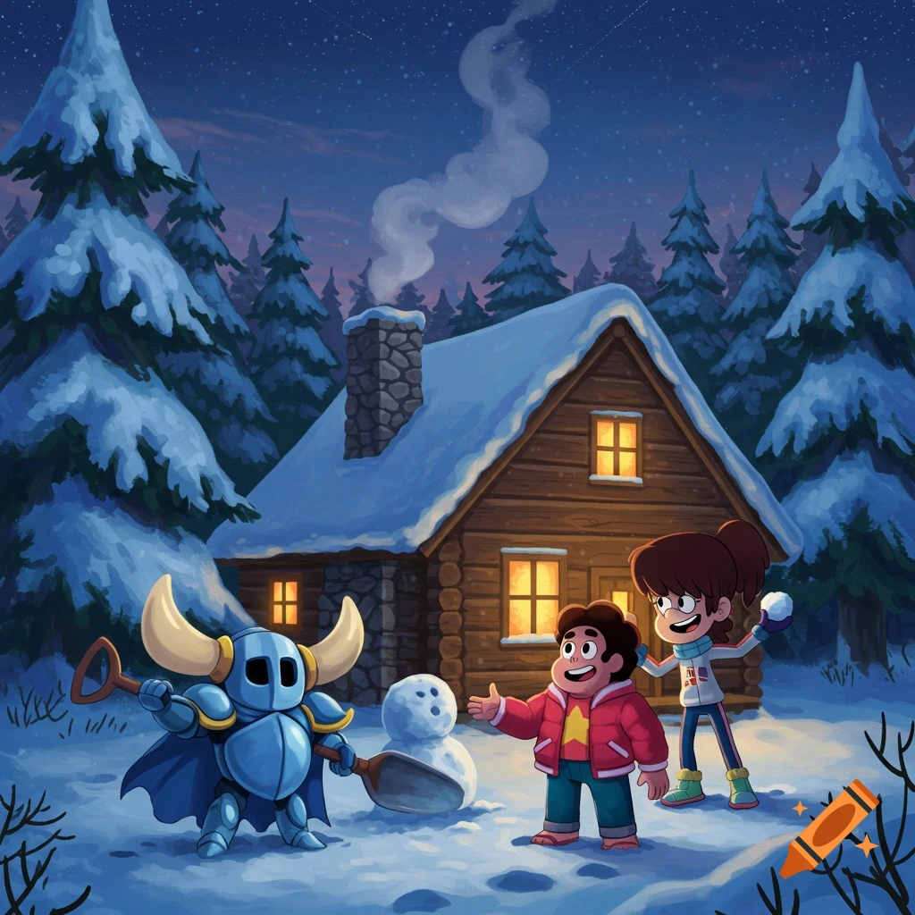 Shovel Knight, Steven Universe, and Lynn Loud build a snowman outside a cozy wooden cabin in a snowy, star-filled winter landscape.