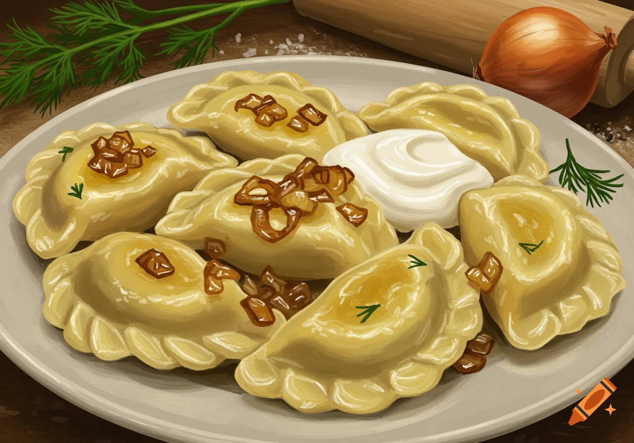 An illustrative image of a plate of pierogies topped with fried onions and sour cream, with dill, a rolling pin, and an onion in the background.