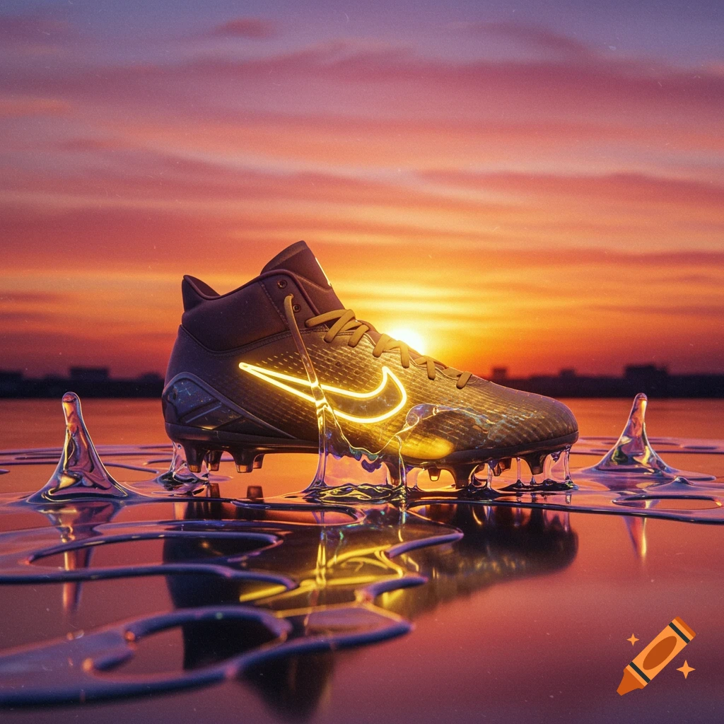 A glowing athletic cleat covered in iridescent slime sits on a reflective surface against a vibrant sunset.