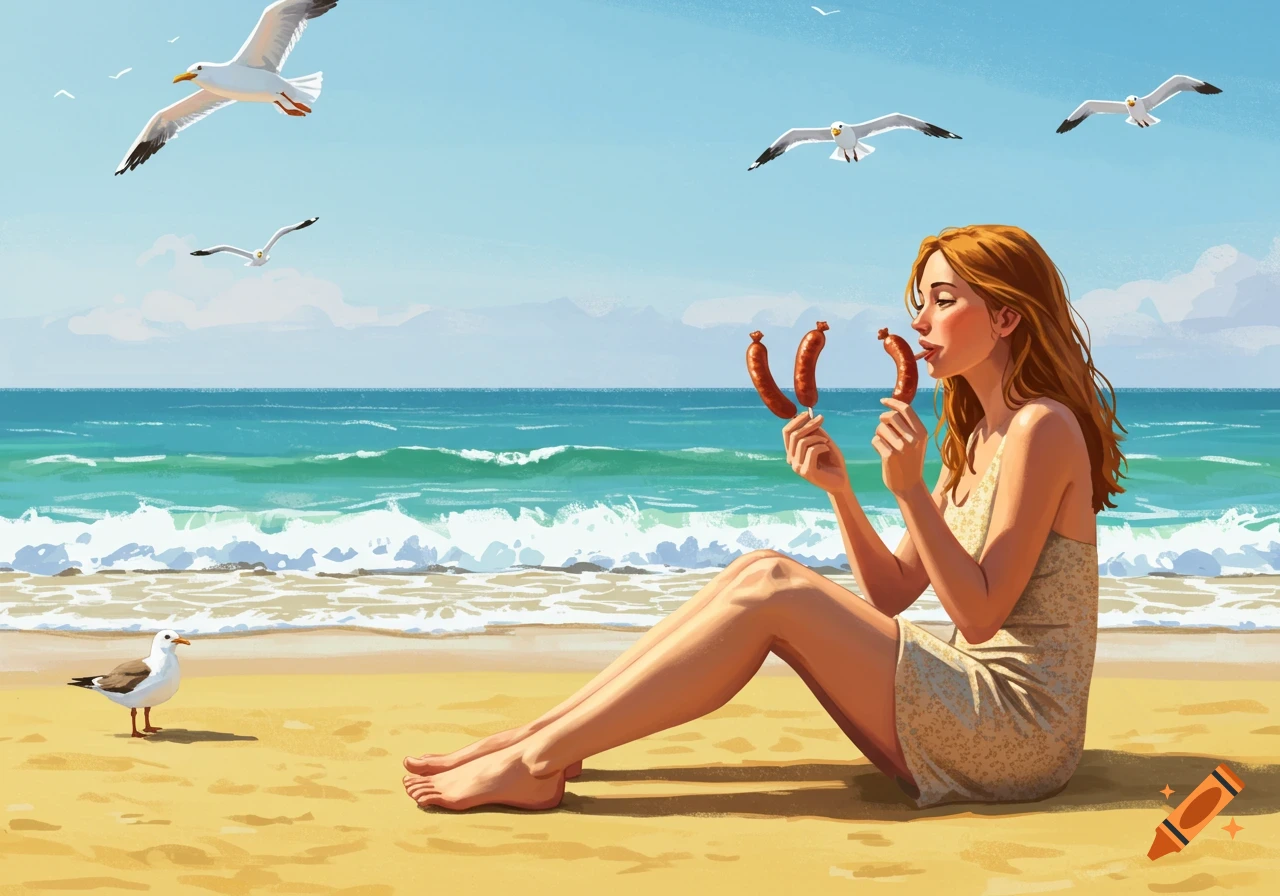 Illustrated woman sitting on a beach, eating sausages, with seagulls flying above and a seagull on the sand.