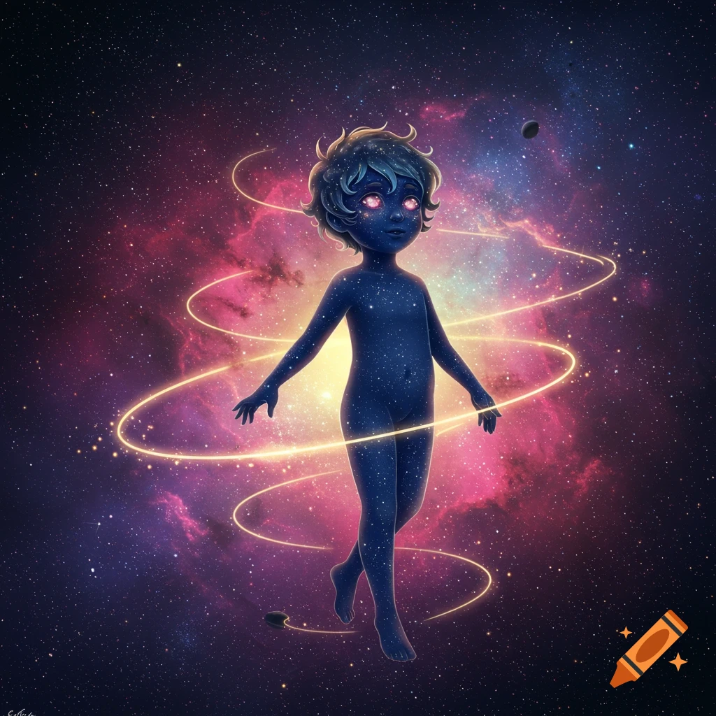 A blue child-like figure, seemingly made of stars, stands in space surrounded by swirling pink and purple nebulae and golden light trails.
