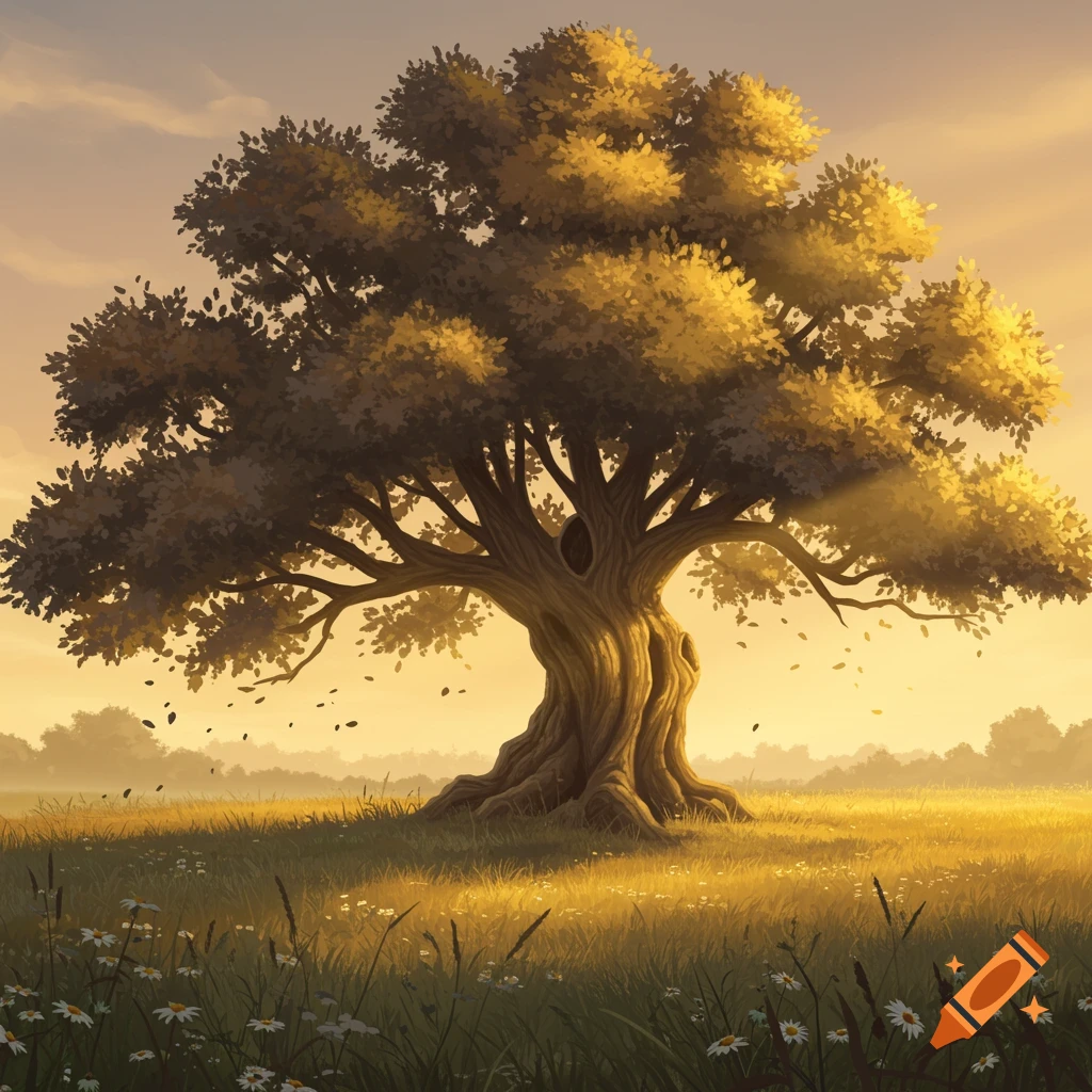 An old, large tree stands in a golden field under a warm evening sky, with wildflowers in the foreground.