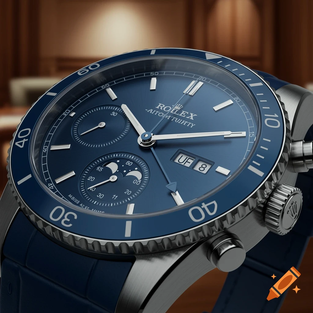A photorealistic close-up of a blue and silver dive watch with a dark blue face and bezel, showing multiple subdials and a date window.