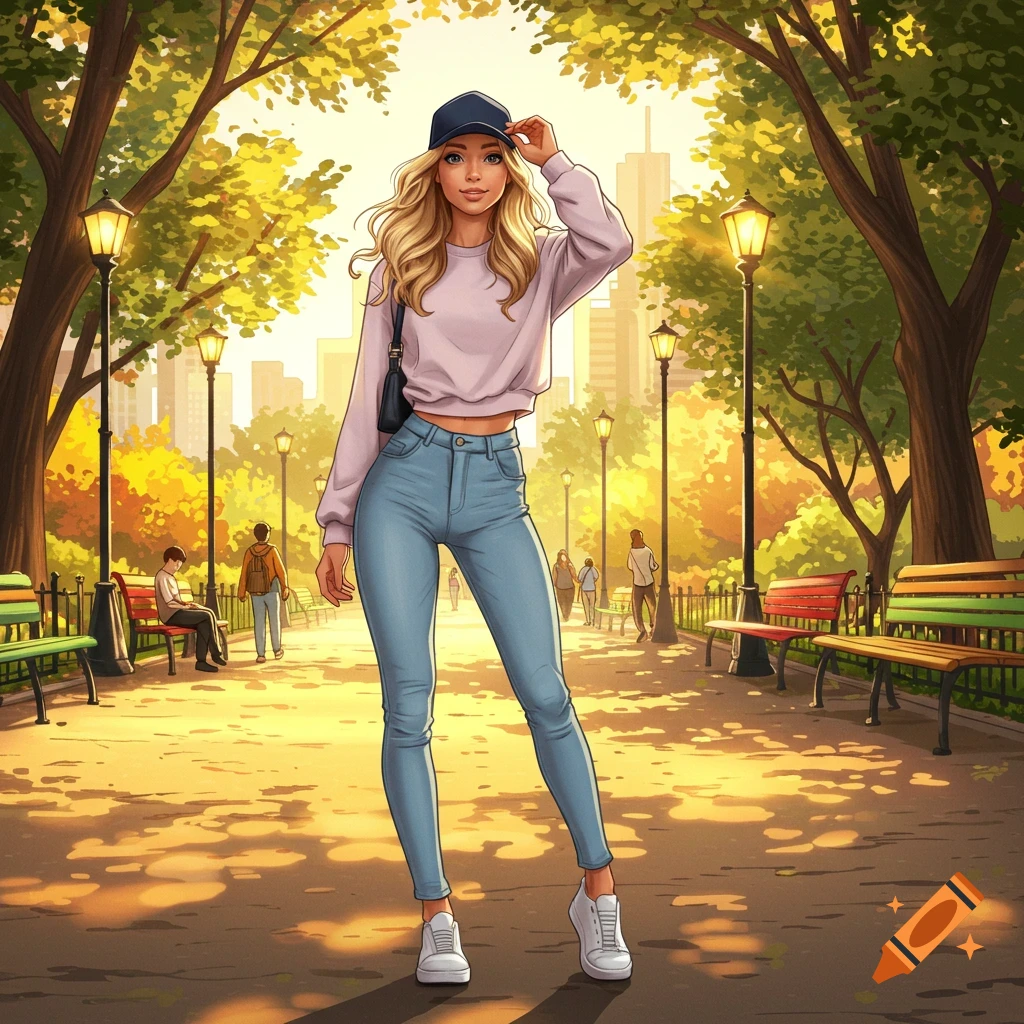 An illustrated young woman with blonde hair, wearing a baseball cap, pink sweatshirt, jeans, and white sneakers, stands in a sunny park with trees and city buildings.