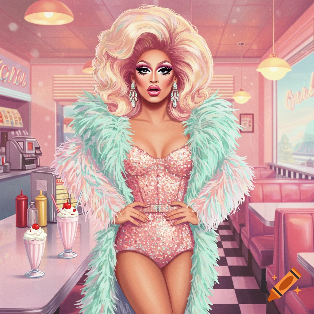 A vibrant digital illustration of a drag queen in a pink sequined bodysuit and a fluffy mint green boa posing in a pastel pink diner.