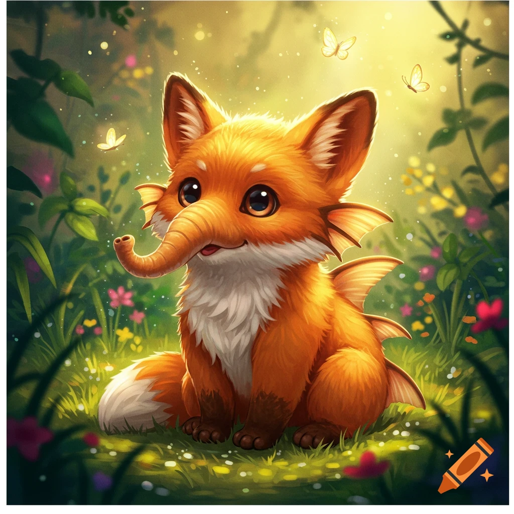 A cute, orange, fox-elephant-shark hybrid creature sits in a magical forest with glowing plants and butterflies, illustrated.
