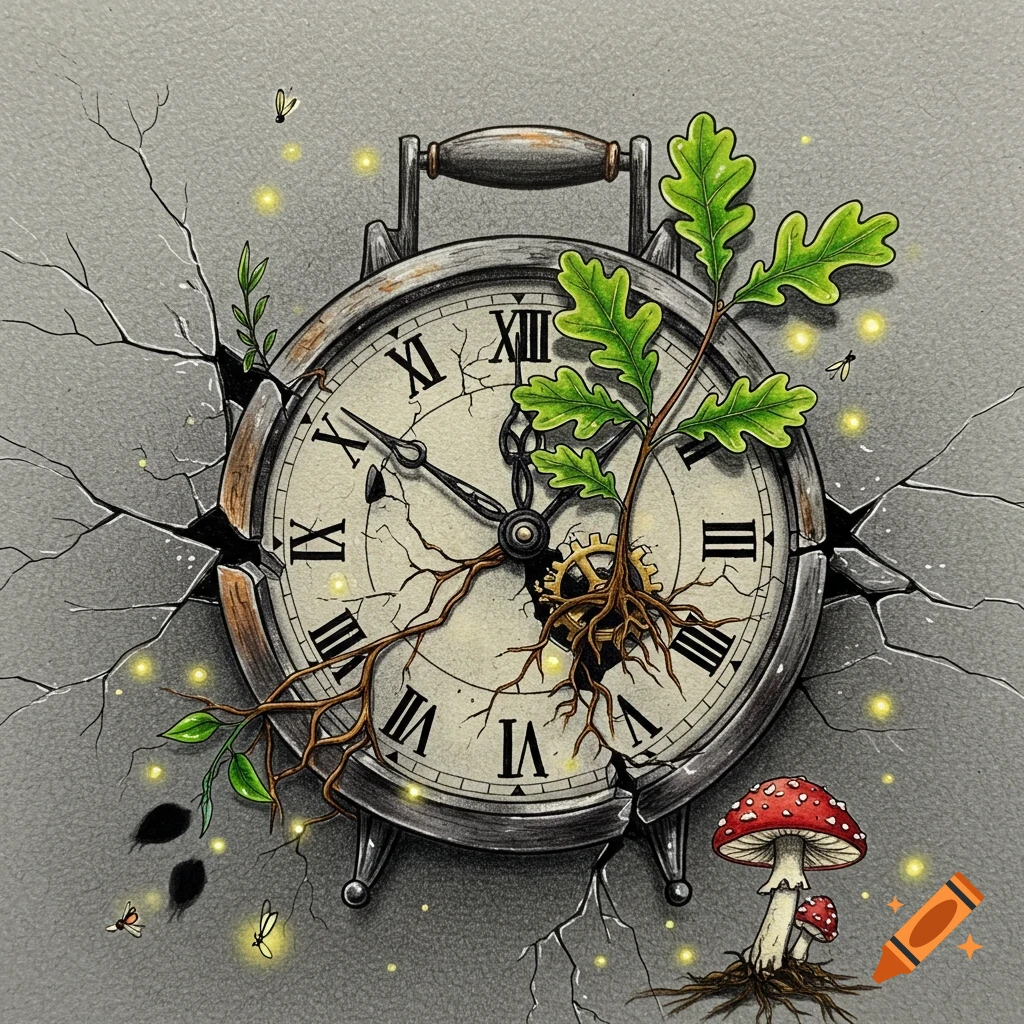 An illustration of a cracked alarm clock with an oak seedling and roots growing from its center, surrounded by glowing fireflies and mushrooms.