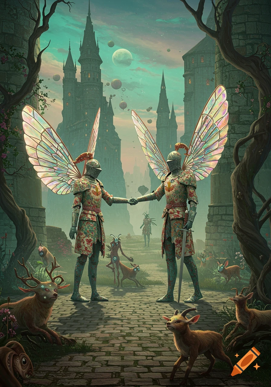 Two winged knights shake hands on a path, surrounded by strange creatures and fantastical castles under a moonlit sky.