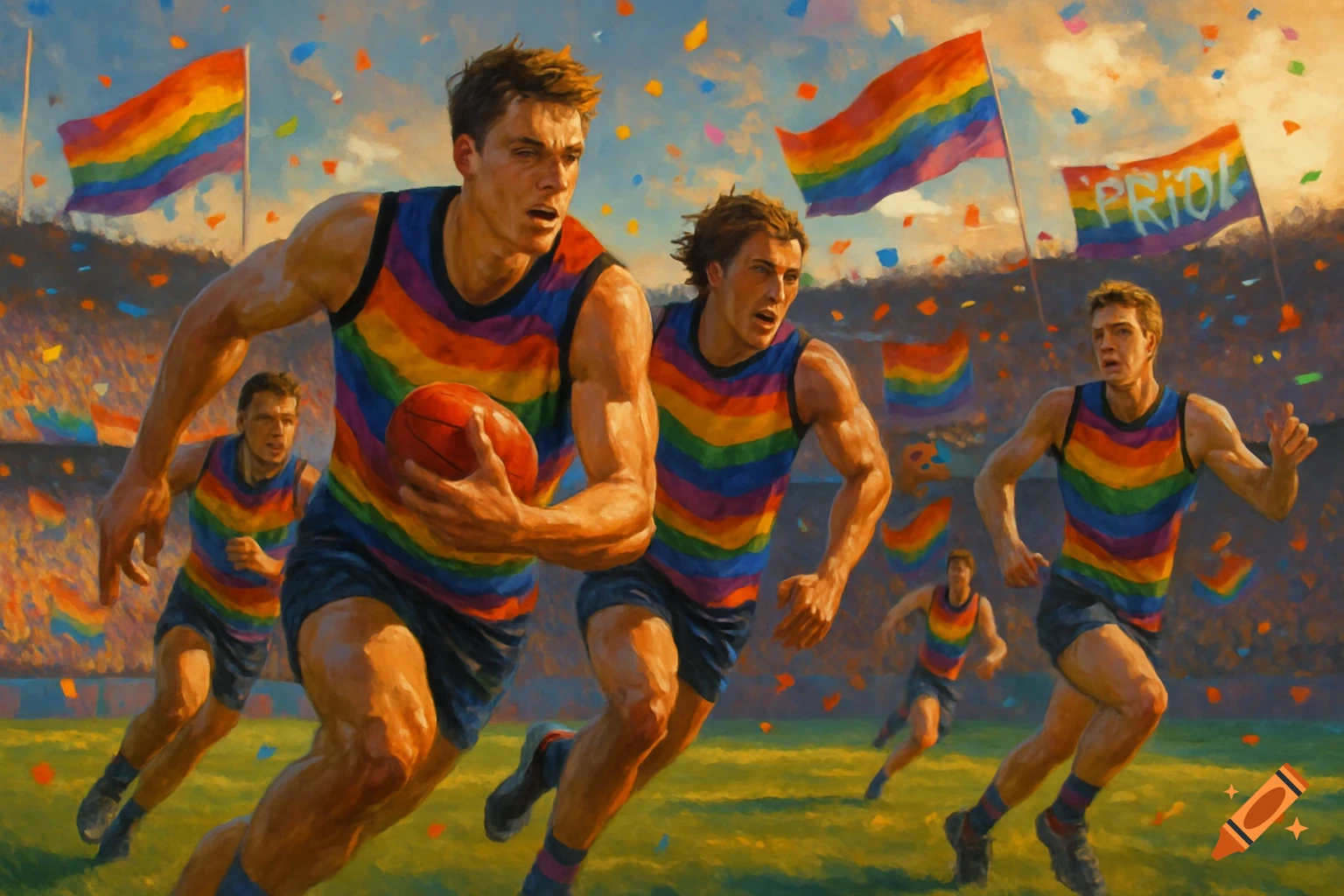 Painting of male athletes in rainbow jerseys playing Australian Rules Football in a stadium with rainbow flags.