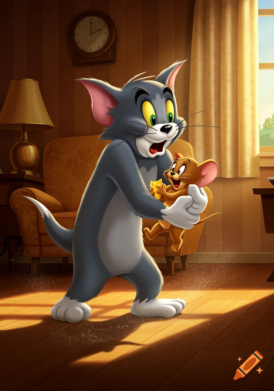 Cartoon of Tom the gray cat holding Jerry the brown mouse, who is holding a piece of cheese, in a sunlit room.