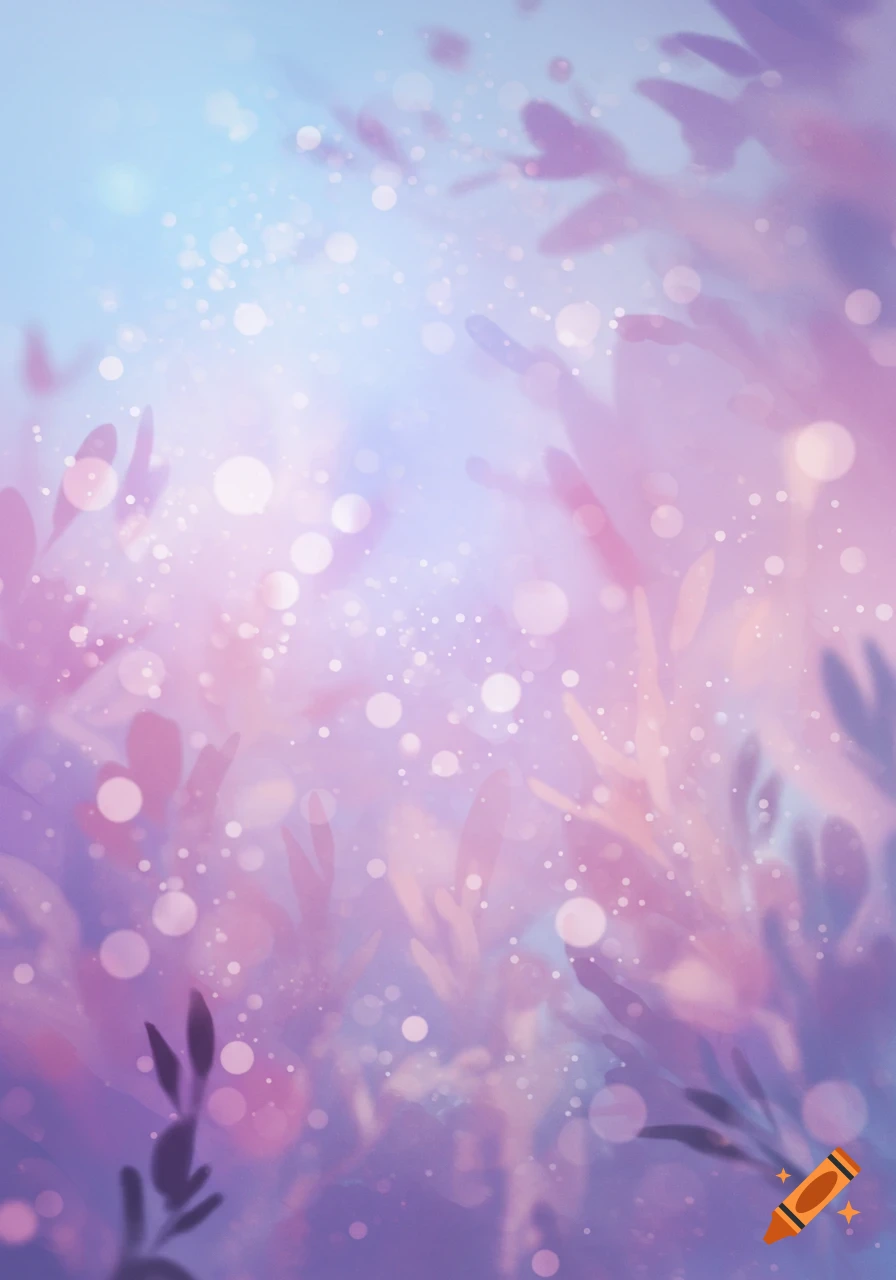 A dreamy abstract background with soft lavender and blue hues, featuring blurred plant shapes and numerous sparkling white bokeh lights.
