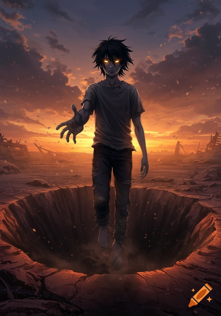 Anime style young man with glowing eyes floats above a crater in a desolate, fiery sunset landscape, reaching forward.