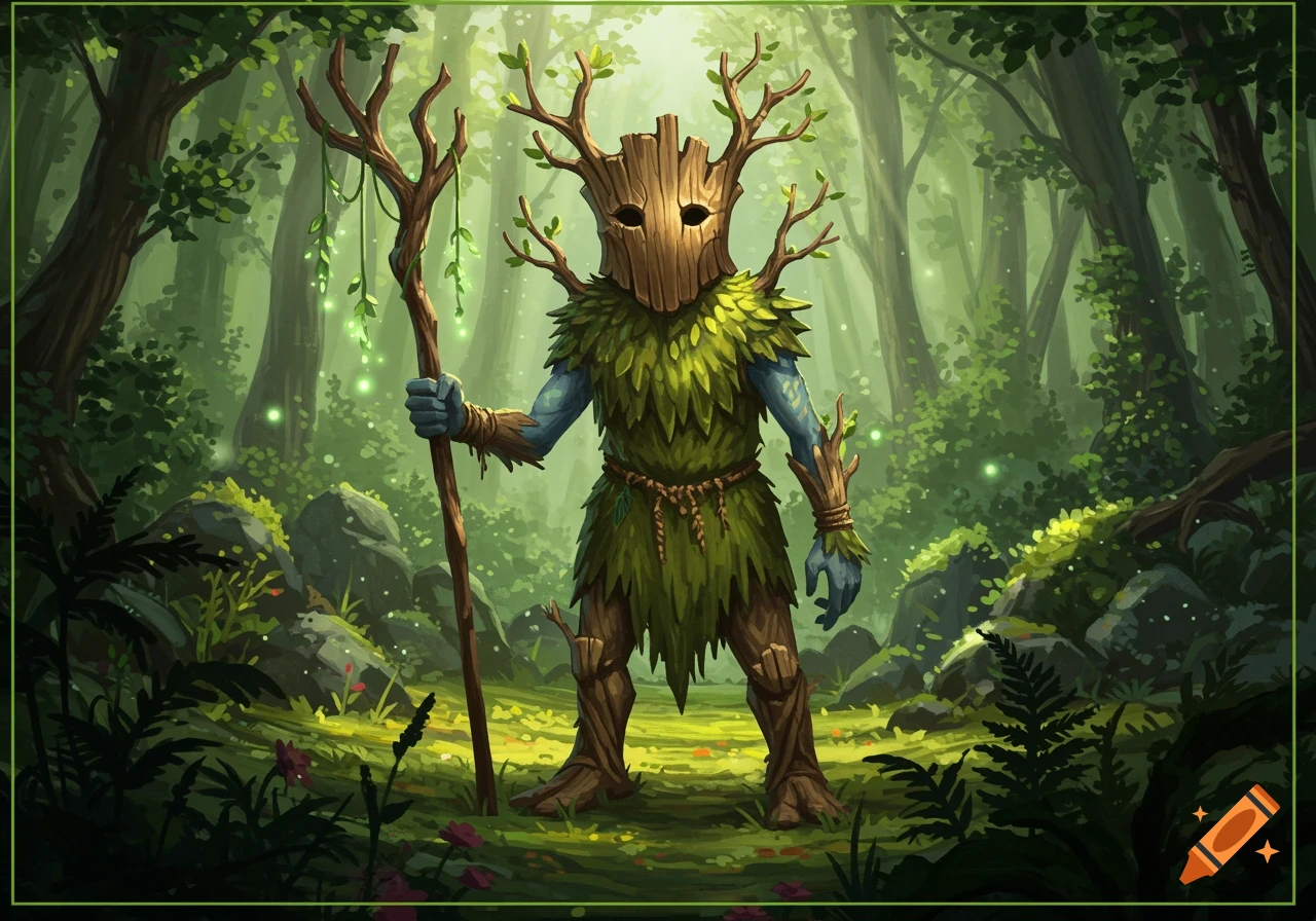 A fantasy Firbolg character with a wooden mask and leafy body stands in a vibrant, misty forest, holding a staff.