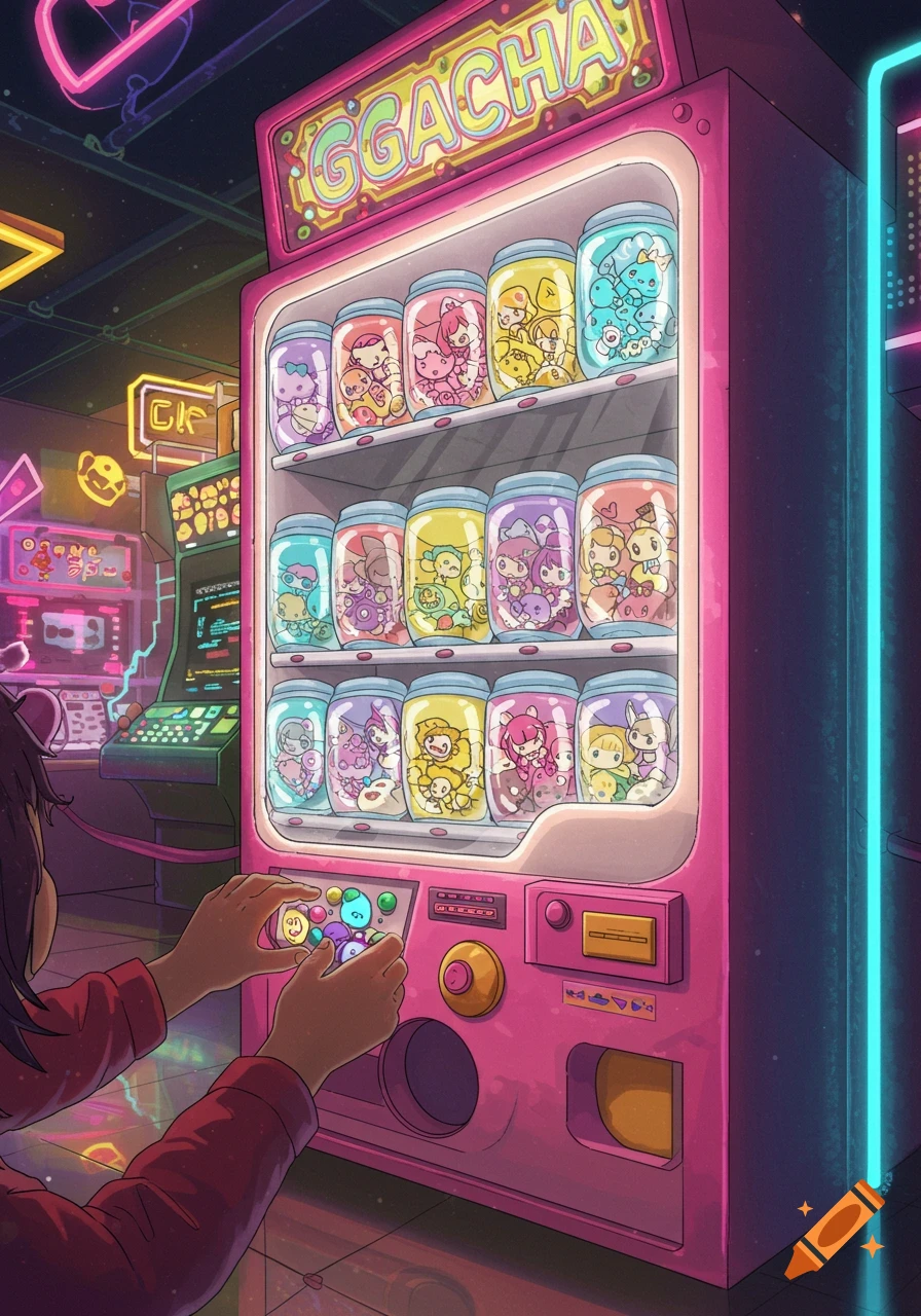 An anime-style person plays a vibrant pink gacha machine filled with cute characters in a neon-lit arcade.