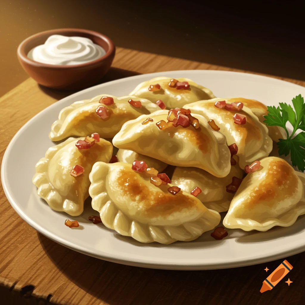 A plate of golden-brown pierogi topped with bacon bits, served with a side of sour cream in an illustrated style.